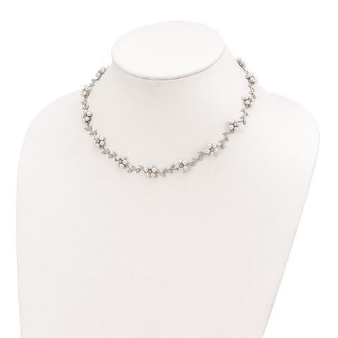 Sterling Silver Rhodium FW Cultured Pearl and CZ Floral Necklace-WBC-QG1805-16