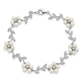 Sterling Silver Rhodium FW Cultured Pearl and CZ Floral Bracelet-WBC-QG1805-7