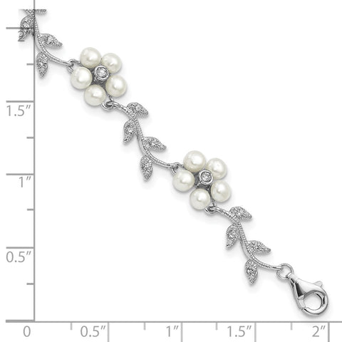 Sterling Silver Rhodium FW Cultured Pearl and CZ Floral Bracelet-WBC-QG1805-7