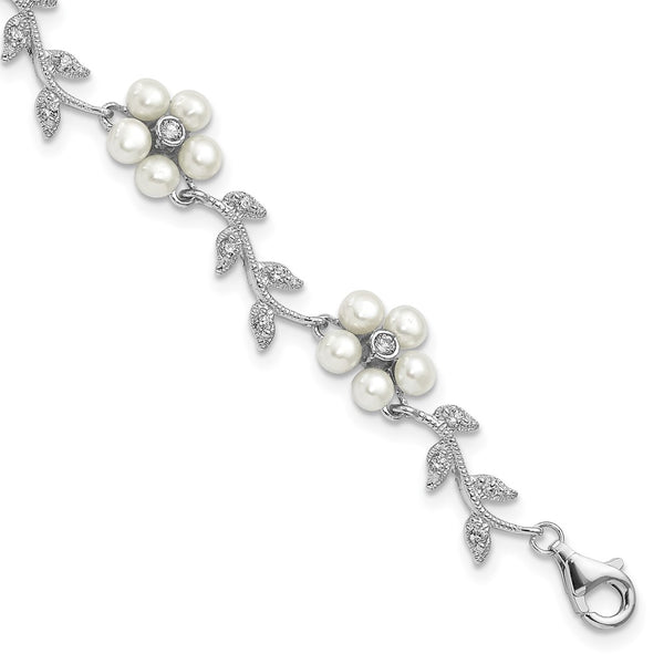 Sterling Silver Rhodium FW Cultured Pearl and CZ Floral Bracelet-WBC-QG1805-7