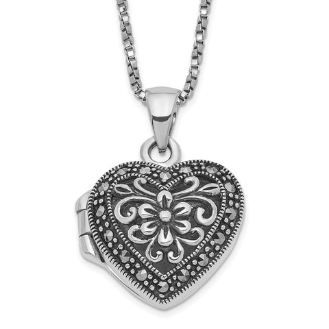Sterling Silver Marcasite Heart Locket w/Chain Necklace-WBC-QG1942-18