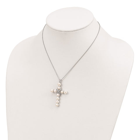 Sterling Silver Rhodium-plated CZ and FW Cultured Pearl Cross Necklace-WBC-QG2111-16