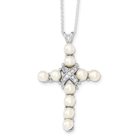 Sterling Silver Rhodium-plated CZ and FW Cultured Pearl Cross Necklace-WBC-QG2111-16