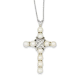 Sterling Silver Rhodium-plated CZ and FW Cultured Pearl Cross Necklace-WBC-QG2111-16