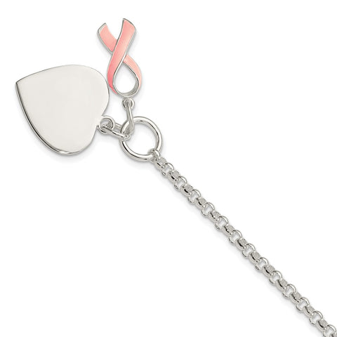 Sterling Silver Fancy Engraveable Heart with Pink Ribbon Bracelet-WBC-QG2171-7.5