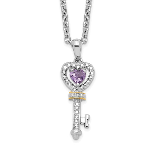 SS and 14k Accent Amethyst and Diamond Key 18inch Necklace-WBC-QG2710-17