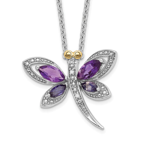 SS and 14k Accent  Amethyst/Iolite/Diamond Dragonfly 18inch Necklace-WBC-QG2711-17