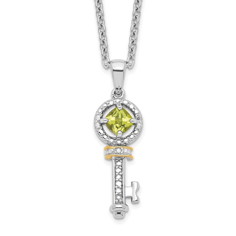 SS and 14k Accent Peridot and Diamond Key 18inch Necklace-WBC-QG2715-17