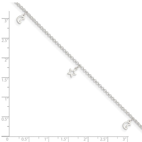 Sterling Silver Moon and Stars 9in Plus 1in Ext. Anklet-WBC-QG2776-9
