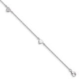 Sterling Silver Rhodium-plated CZ 9in Plus 1in Ext Heart Anklet-WBC-QG2790-9