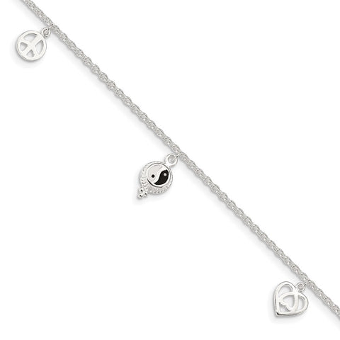Sterling Silver Polished Hearts and Peace Sign 8in Plus 1in Ext Anklet-WBC-QG2797-9