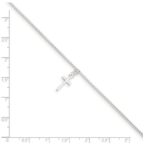 Sterling Silver 10 in Solid Polished Cross on Box Chain Anklet-WBC-QG281-10