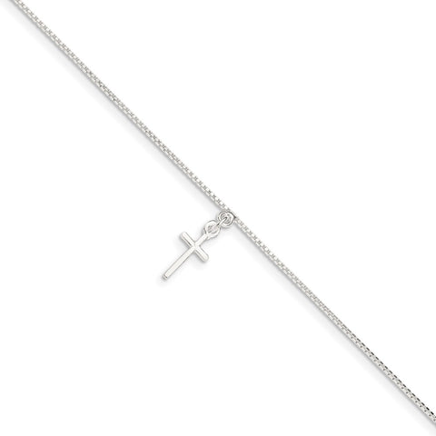 Sterling Silver 10 in Solid Polished Cross on Box Chain Anklet-WBC-QG281-10