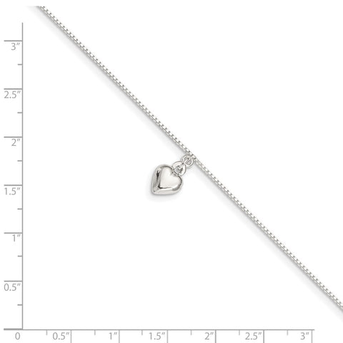 Sterling Silver 10inch Polished Puffed Heart Anklet-WBC-QG283-10