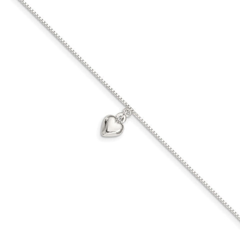 Sterling Silver 10inch Polished Puffed Heart Anklet-WBC-QG283-10