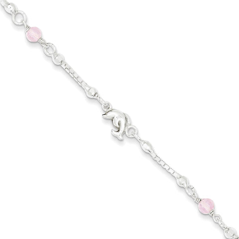 Sterling Silver Pink Glass Children's Dolphin 5in Plus 1in ext Bracelet-WBC-QG2837-5