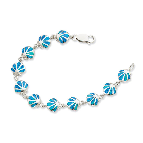 Sterling Silver 7in Created Blue Opal Inlay Shell Bracelet-WBC-QG3112-7