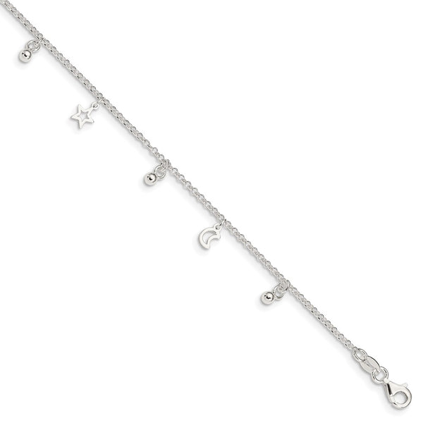 Sterling Silver Polished Bead Star and Moon 9in Plus 1in Ext. Anklet-WBC-QG3133-9