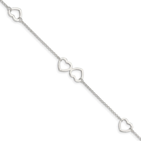 Sterling Silver Polished Heart 9in Plus 1in ext. Anklet-WBC-QG3135-9