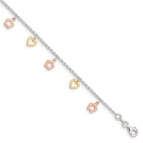 Sterling Silver Gold and Rose-tone Heart Flower 9in Plus 1in ext. Anklet-WBC-QG3138-9