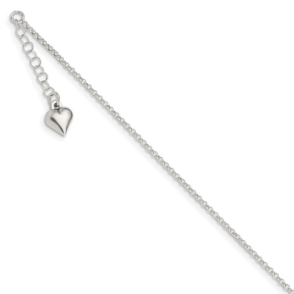 Sterling Silver Polished Heart 9in Plus 1in Ext. Anklet-WBC-QG3141-9