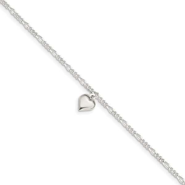 Sterling Silver Polished Heart 9 in Plus 1in ext. Anklet-WBC-QG3146-9