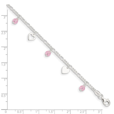 Sterling Silver 9 inch Heart and Rose Glass Plus 1in ext. Anklet-WBC-QG3150-9