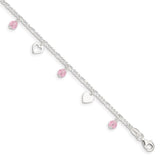 Sterling Silver 9 inch Heart and Rose Glass Plus 1in ext. Anklet-WBC-QG3150-9