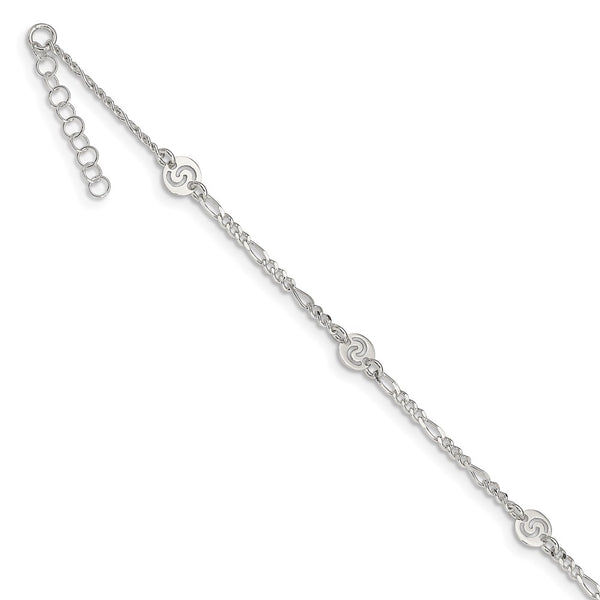 Sterling Silver Polished Swirl Disc 9in Plus 1in ext. Anklet-WBC-QG3152-9