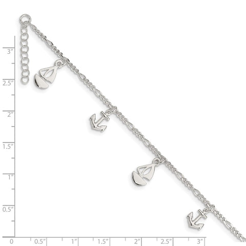 Sterling Silver Polished Boat and Anchor 9in Plus 1in Ext. Anklet-WBC-QG3159-9