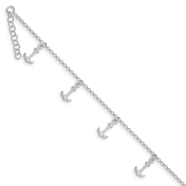 Sterling Silver Polished Anchors 9in Plus 1in Ext. Anklet-WBC-QG3162-9