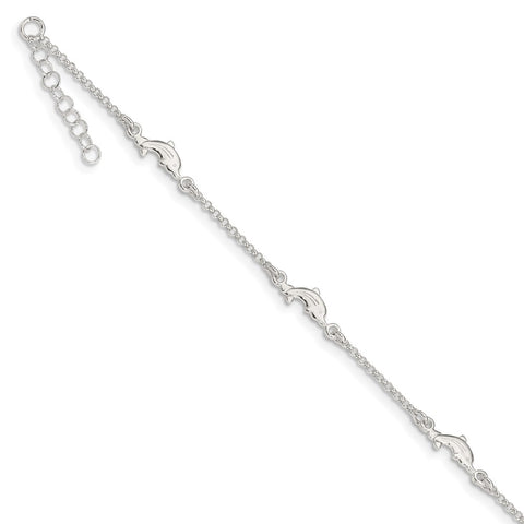 Sterling Silver Polished Dolphin 9in Plus1in Ext. Anklet-WBC-QG3163-9