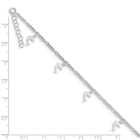 Sterling Silver Polished and Textured Dolphin 9in Plus 1in Ext. Anklet-WBC-QG3164-9