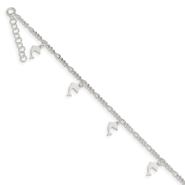 Sterling Silver Polished and Textured Dolphin 9in Plus 1in Ext. Anklet-WBC-QG3164-9
