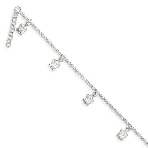 Sterling Silver Polished Turtle 9in Plus 1in Ext. Anklet-WBC-QG3166-9