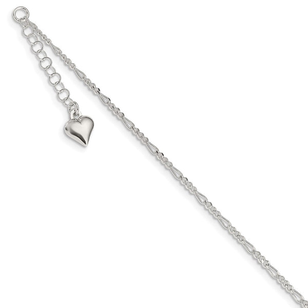 Sterling Silver Polished Heart 9in Plus 1in Ext. Anklet-WBC-QG3173-9