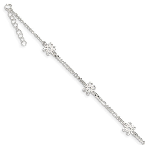 Sterling Silver Polished Flower 9in Plus 1in Ext. Anklet-WBC-QG3180-9