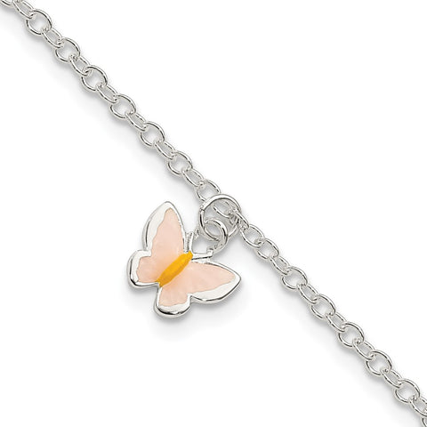 Sterling Silver Childrens Enameled Butterfly 5.5in Plus 1.5in ext. Bracelet-WBC-QG3506-5.5