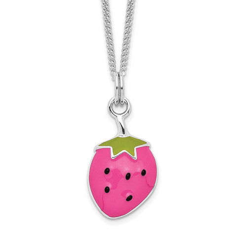 Sterling Silver Rhodium-plated Enamel Strawberry 15.75in Necklace-WBC-QG3531-15.75