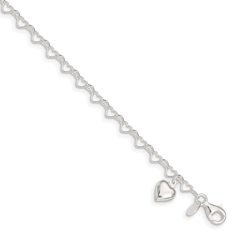 Sterling Silver Heart-link w/Heart Charm Anklet-WBC-QG3549-10
