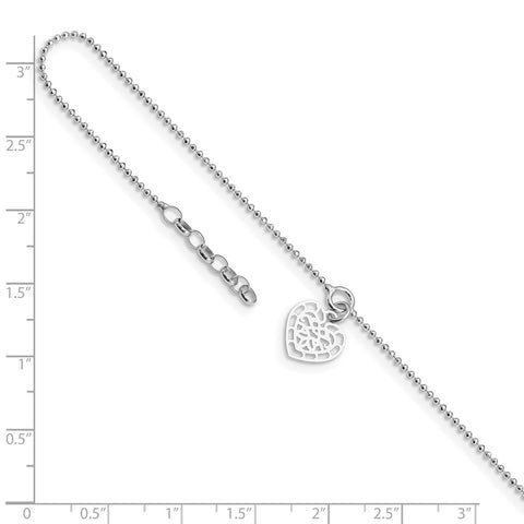 Sterling Silver Rhodium-plated Heart Charm 10in Plus .5in Ext  Anklet-WBC-QG3550-10