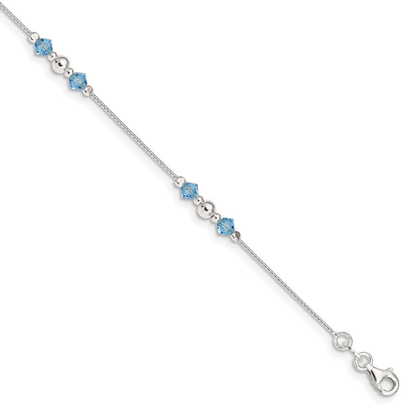 Sterling Silver Polished Bead and CZ 9in Plus 1in. Ext. Anklet-WBC-QG3565-9
