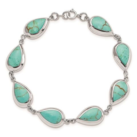 Sterling Silver Rhodium-plated Teardrop Synthetic Turquoise Bracelet-WBC-QG3641-7.75