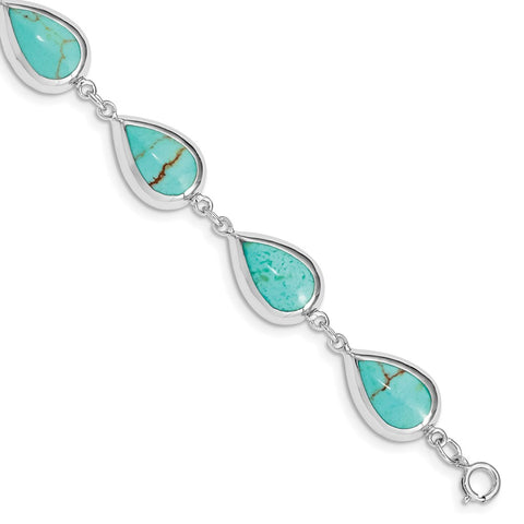 Sterling Silver Rhodium-plated Teardrop Synthetic Turquoise Bracelet-WBC-QG3641-7.75