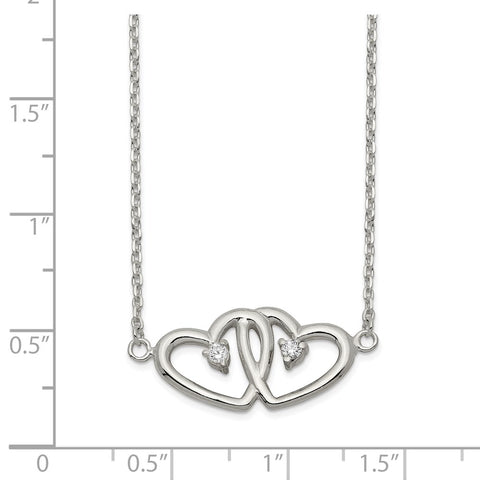 Sterling Silver Polished Two Hearts CZ Necklace-WBC-QG3671-18
