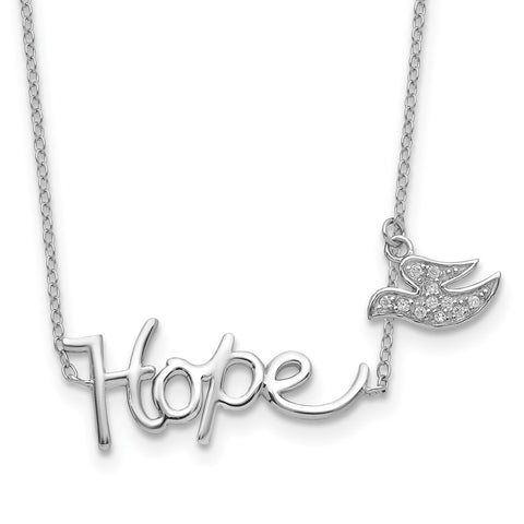 Sterling Silver Rhodium-plated HOPE w/CZ Dove Charm Necklace-WBC-QG3673-18