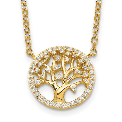 Sterling Silver Polished Gold-plated Tree with CZ Necklace-WBC-QG3703-16
