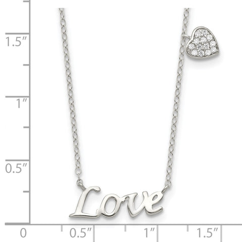 Sterling Silver Polished LOVE with CZ Heart Necklace-WBC-QG3726-18