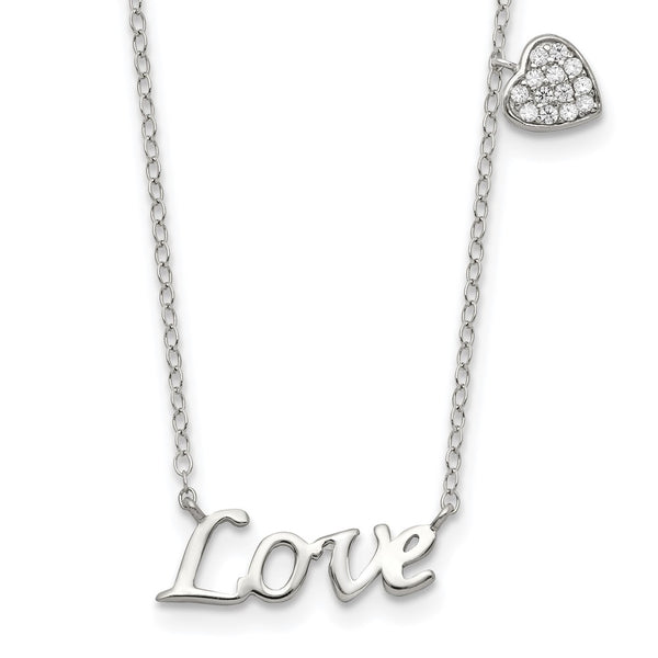 Sterling Silver Polished LOVE with CZ Heart Necklace-WBC-QG3726-18