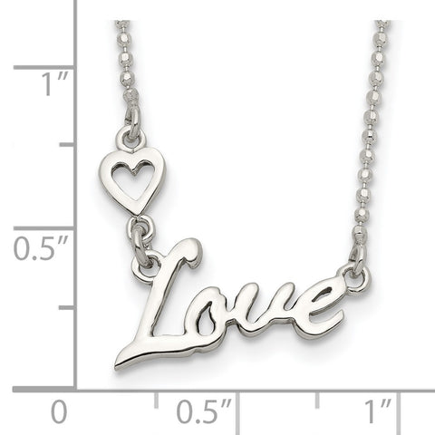 Sterling Silver Polished LOVE w/Heart Necklace-WBC-QG3727-18